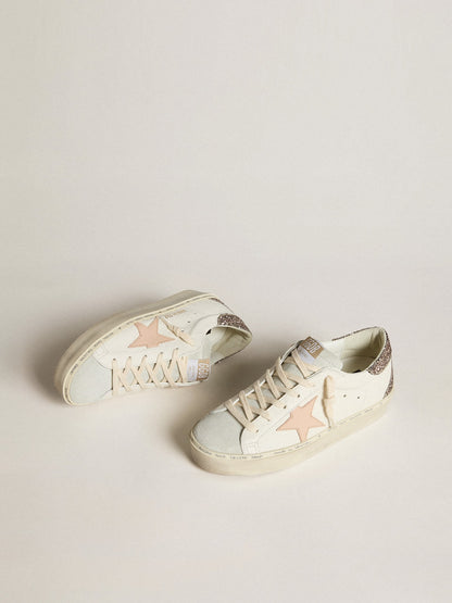 White nappa leather with a pink leather star and a glitter heel tab