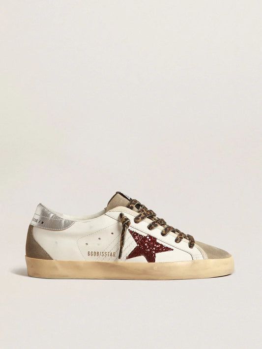 Burgundy glitter star and silver heel tab