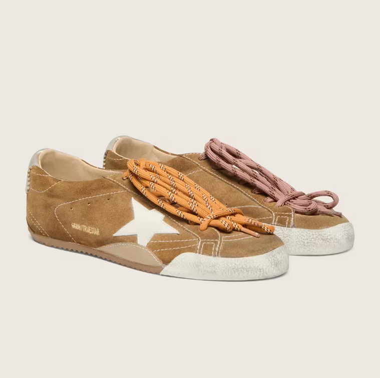 True in tobacco-colored suede with a white star and platinum heel tab