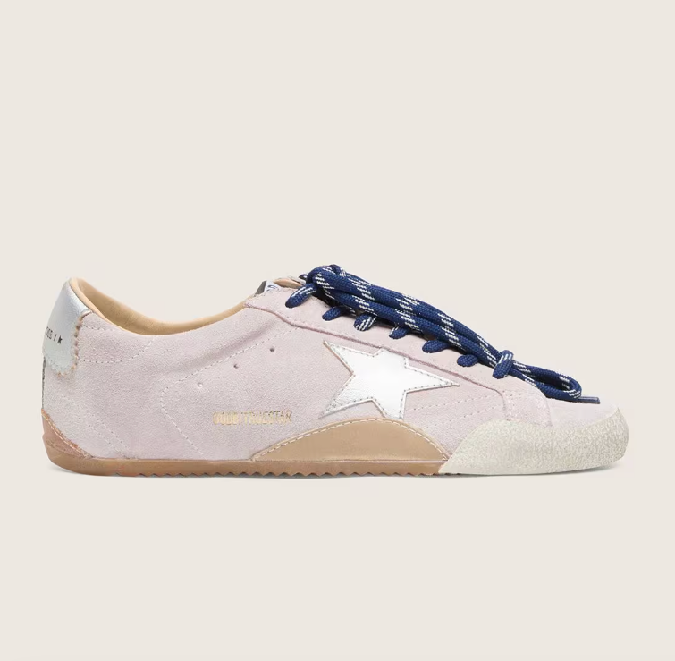 True in pastel pink suede with a star and silver heel tab