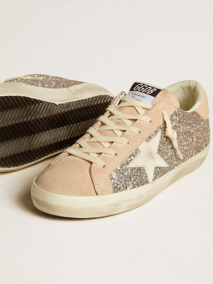 Silver glitter with a star and a leather tab