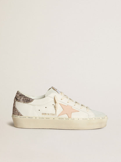 White nappa leather with a pink leather star and a glitter heel tab