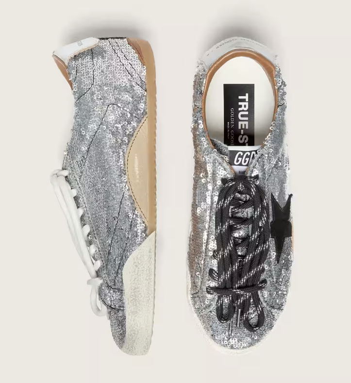 True in silver sequins with a black star and a silver leather heel tab