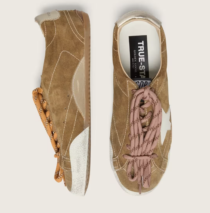 True in tobacco-colored suede with a white star and platinum heel tab