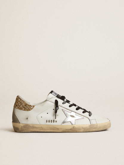 White leather shoes with a glitter heel