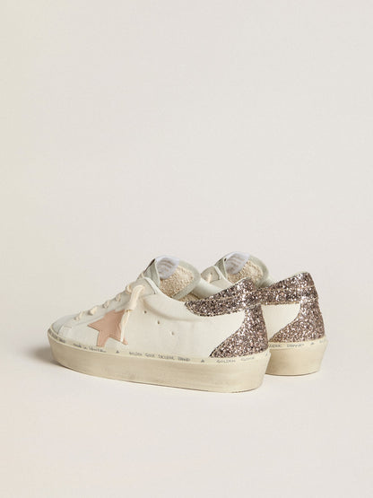 White nappa leather with a pink leather star and a glitter heel tab