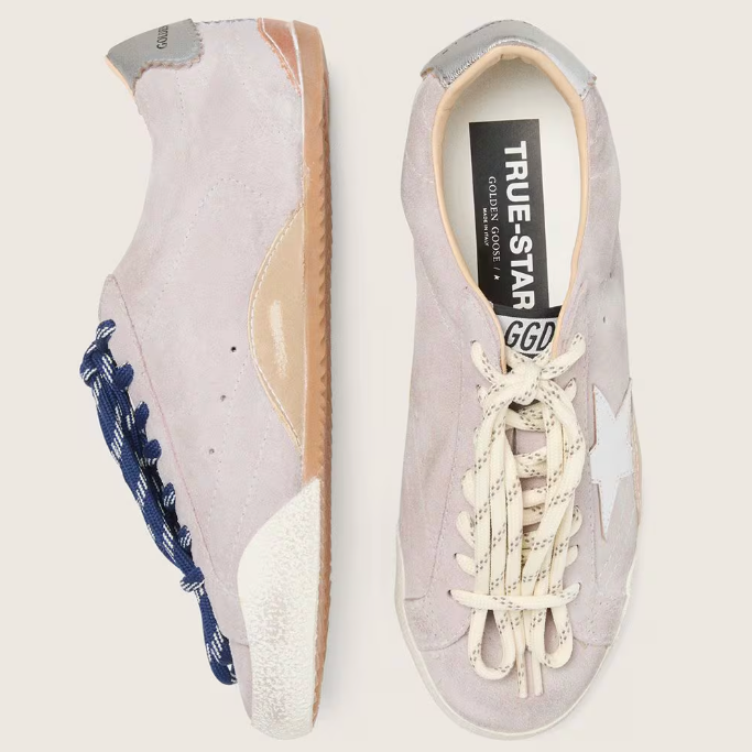True in pastel pink suede with a star and silver heel tab