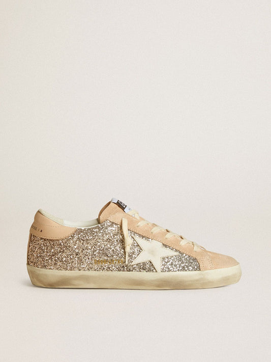 Silver glitter with a star and a leather tab