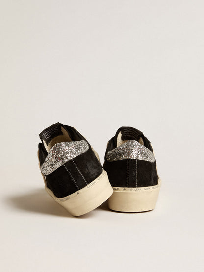 Black leather with a silver glitter heel