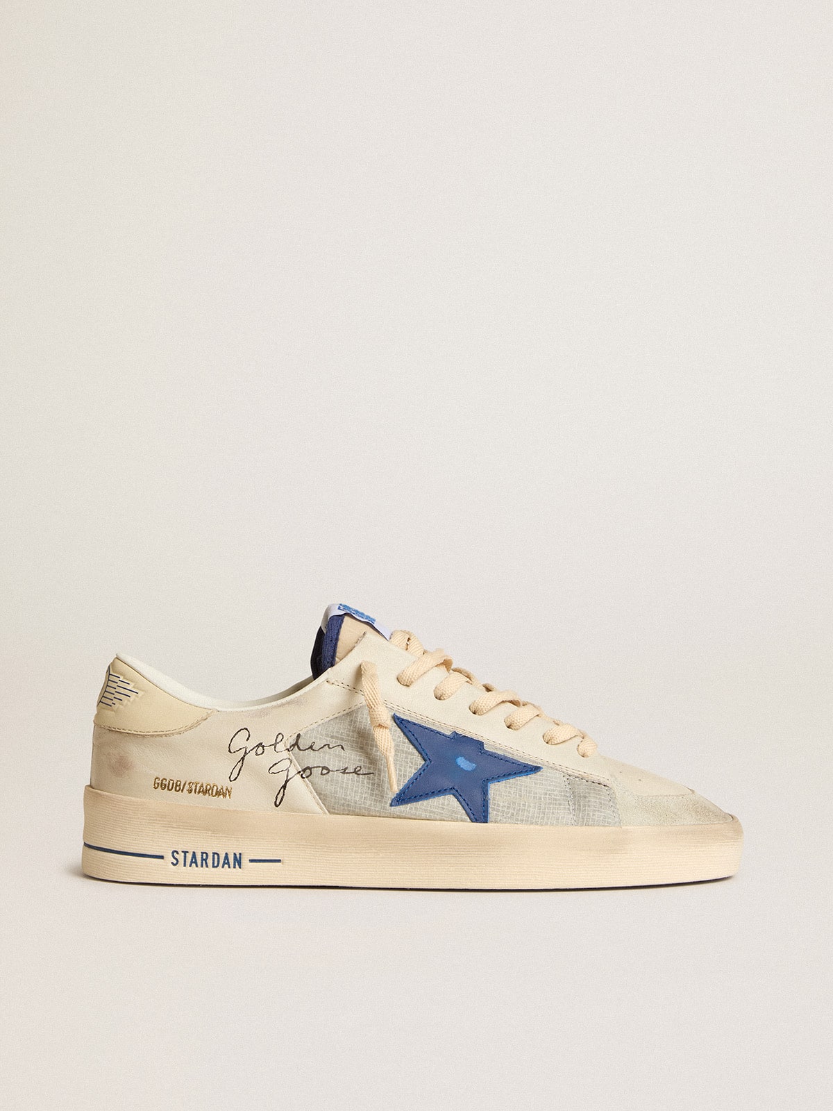 Stardan aus Nylon mit blauem Lederstern und elfenbeinfarbenem Leder an der Ferse