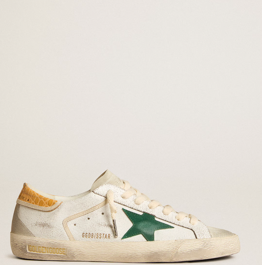 Green suede star and yellow crocodile-effect heel
