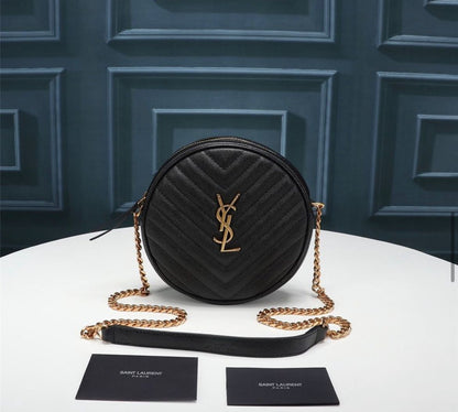 YSL KAMERA-TASCHE VINYLE RUND AUS SCHWARZEM LAMMLEDER MIT GOLDENEM LOGO