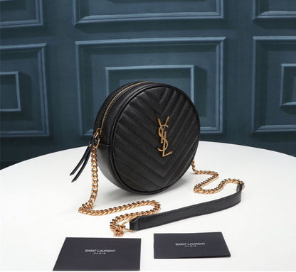 YSL KAMERA-TASCHE VINYLE RUND AUS SCHWARZEM LAMMLEDER MIT GOLDENEM LOGO
