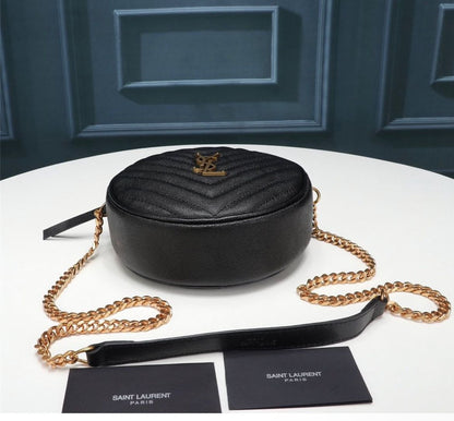 YSL KAMERA-TASCHE VINYLE RUND AUS SCHWARZEM LAMMLEDER MIT GOLDENEM LOGO